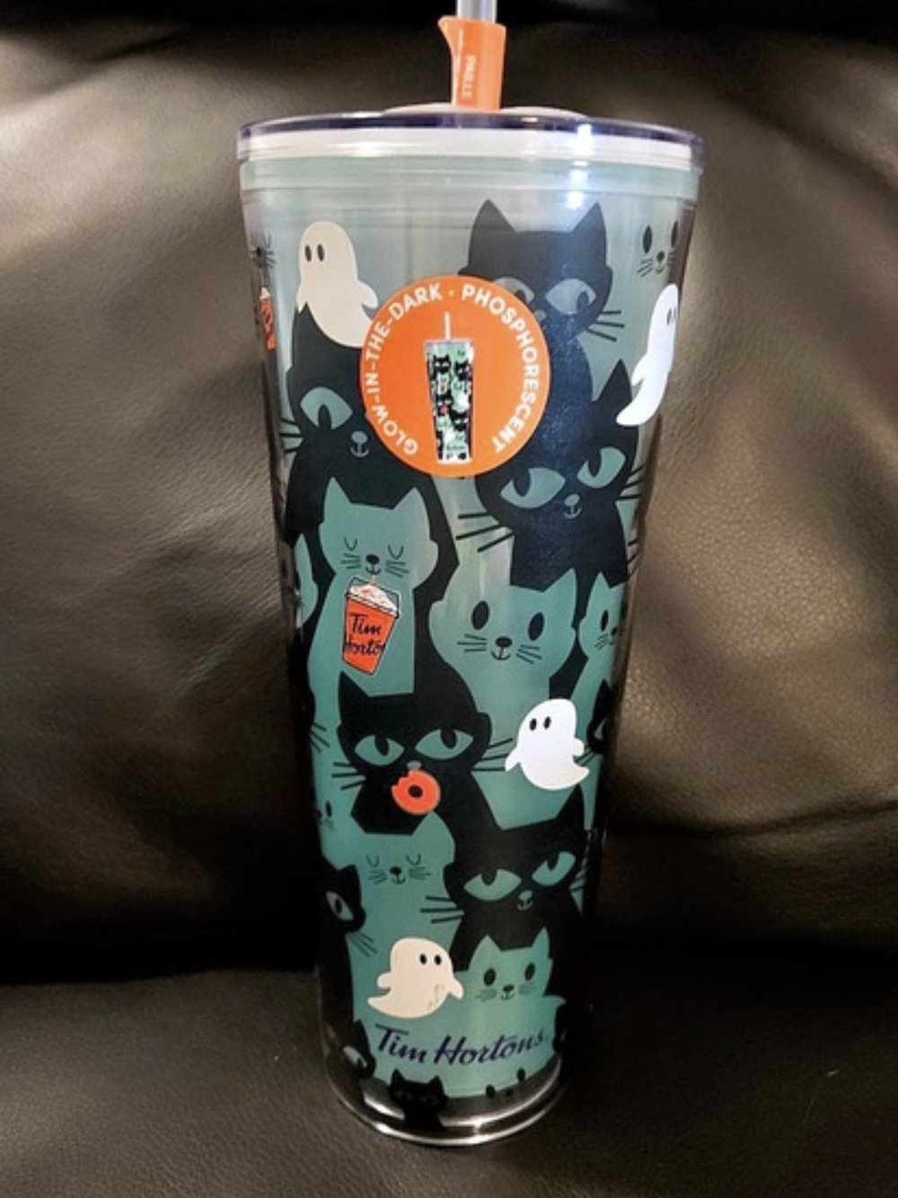 NEW!! Tim Hortons Glow-In-The-Dark Black Cat Tumbler 24 oz *SEE VIDEO!"